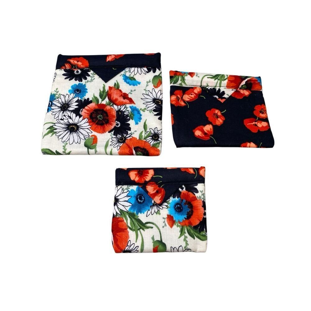 Lot of 3 Floral Reversible Fabric Snap Pouch Set Gift Card Coin Holder Organizer
